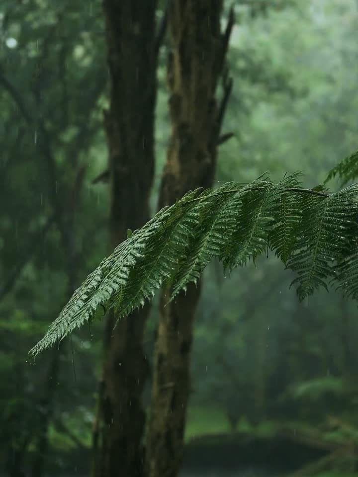 Misty rainforest with tall trunks and ferns
